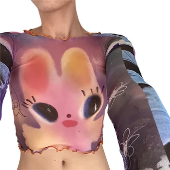 2022 Kawaii, эстетичные топы с мультяшным цветочным принтом, Женская футболка с длинным рукавом и круглым вырезом, футболка из сетчатой пряжи, Женская одежда