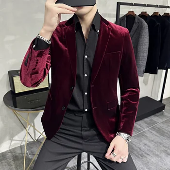 2023, Весенний роскошный бархатный мужской пиджак, высококачественное деловое повседневное платье, пальто, однотонный свадебный блейзер для жениха, Masculino