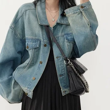 2023 Весенняя джинсовая куртка в стиле ретро, женская Harajuku, Корейская свободная короткая куртка, топы, пальто, верхняя одежда на пуговицах, уличная одежда
