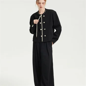 2023 Весна / осень куртка в китайском стиле, укороченный блейзер на пуговицах, нишевый дизайн, пальто с круглым вырезом на шнурке, однотонный черный