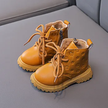 2023 Осень Зима Ботинки для девочек 1-6 лет Обувь из искусственной кожи с плюшевой подкладкой Ботильоны для мальчиков на шнуровке Резиновые детские ботинки