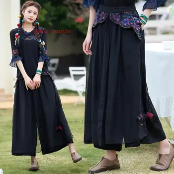 2023 традиционные китайские брюки с кружевной кисточкой и цветочной вышивкой, женские этнические брюки harajuku, китайские винтажные свободные широкие брюки