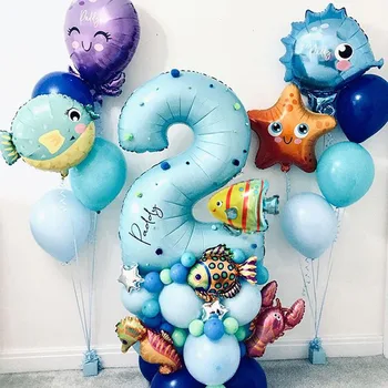 45шт Океан Мир Подводные животные Воздушные шары Синий номер Воздушный шар из фольги Украшение детского Дня рождения Душа ребенка Гелиевые шары