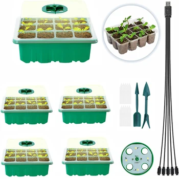 5 Упаковок многоразовых лотков для закваски семян с подсветкой для рассады, комплект для проращивания семян в теплице с регулируемой влажностью для выращивания семян