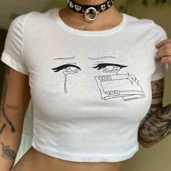 Goth Emo girl, белый Укороченный топ, Винтажный Графический Принт, Повседневная Женская футболка в стиле Гранж, Одежда Y2k, Уличная одежда в стиле Панк, Тонкая Детская футболка