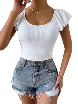 INS летняя БЕЛАЯ жилетка с коротким рукавом в виде лепестка, тонкая короткая элегантная трикотажная нижняя рубашка, женская короткая футболка