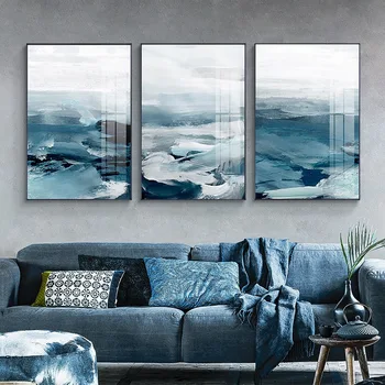 Nordic Art Blue Ocean Украшение дома Печать Холст Абстрактная картина маслом Плакат Офис Гостиная Украшение дома