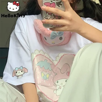 Sanrio My Melody, хлопковые топы с короткими рукавами, Женская милая Мягкая футболка с мультяшным принтом Y2k, женская повседневная одежда из аниме Каваи.