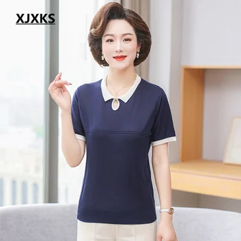 XJXKS 2023 Летняя Новая Модная футболка с короткими рукавами и отворотом, Высококачественная Удобная Повседневная Свободная женская футболка Оверсайз