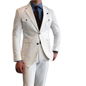 Белый приталенный блейзер с вырезами на лацканах, брюки, мужские костюмы, комплекты, сшитые на заказ, множество карманов, свадебная одежда, 2 предмета, куртка, брюки