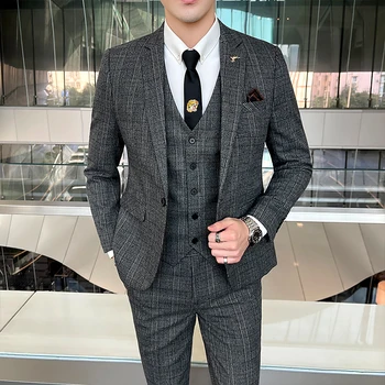 (Блейзер + жилет + брюки) Высококачественный мужской простой деловой элегантный модный костюм для собеседования, джентльменский костюм из 3 предметов