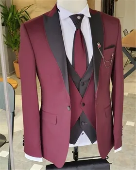 Бордовый костюм, мужские костюмы, черные свадебные костюмы с отворотами, приталенные комплекты блейзеров из 3 предметов (куртка + жилет + брюки) 2023 г.