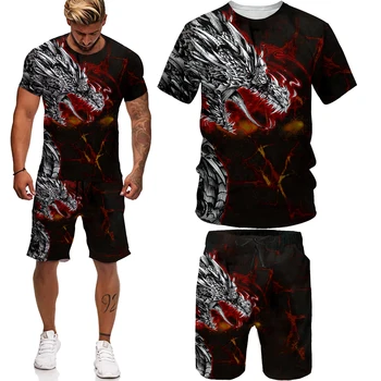 Весенне-летний мужской спортивный костюм с 3D принтом Fly Dragon Tattoo, комплект из 2 предметов, модная футболка, мужская спортивная одежда, повседневная мужская одежда, костюм