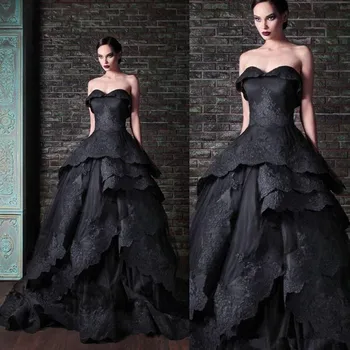 Винтажные готические черные свадебные платья, винтажные оборки в виде сердца, кружевное бальное платье из тюля, шлейф, завязывающийся сзади, свадебные платья