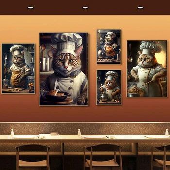 Винтажный Кухонный плакат в Скандинавской Европе, Кот Шеф-повара, Готовящий еду, Картина на холсте, Настенное изображение домашнего ресторана, Декоративная живопись