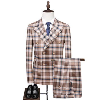 Высококачественная мужская одежда 5XL (пиджак + брюки) в итальянском стиле в деловую клетку, элегантное модное простое вечернее платье из 2 предметов