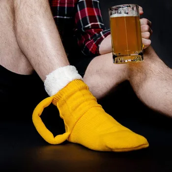 Желтые вязаные носки с 3D пивной кружкой, удобные забавные милые носки, интересные зимние толстые носки, сохраняющие тепло, для женщин, мужчин, Рождественский подарок