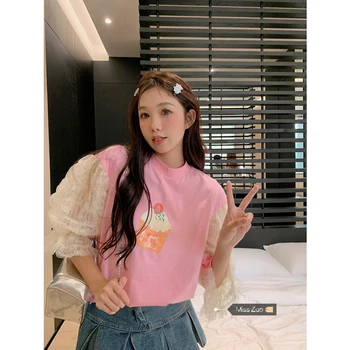Женская летняя футболка Korejepo с сетчатыми вставками, женский топ с пузырчатым рукавом, Новинка 2023 года, милая розовая блузка с коротким рукавом в корейском стиле.