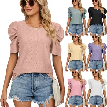 Женская модная повседневная летняя одежда, топы с круглым вырезом и короткими рукавами, женские однотонные рубашки, пуловер, свободная футболка