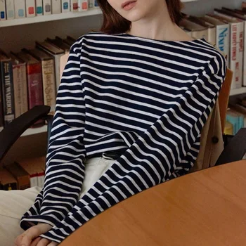 Женская футболка из 95% хлопка, Винтажные Полосатые футболки С длинным рукавом Harajuku, Базовые уличные топы Ropa Mujer Camisetas
