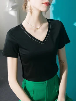 Женская футболка с V-образным вырезом и короткими рукавами Lyocell Diamond 2023, Однотонные Летние Топы Из мерсеризованного Хлопка, Корейская версия Y2k, Футболки