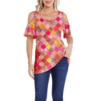 Женская футболка с открытыми плечами, модные футболки в стиле ретро с круглым вырезом, летний пуловер с коротким рукавом, повседневный топ