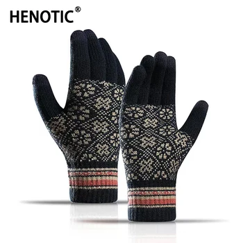 Женские жаккардовые перчатки с сенсорным экраном Henotic для зимы, толстые теплые трикотажные нескользящие велосипедные спортивные перчатки