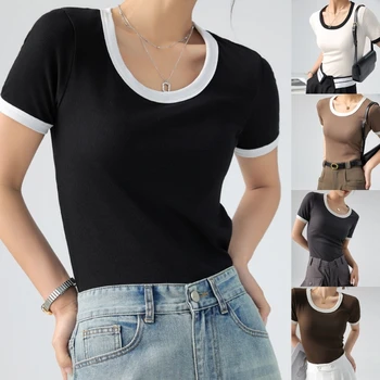 Женские летние повседневные топы, приталенные рубашки, простая футболка с коротким рукавом, футболка в цветовую гамму, уличная одежда H7EF