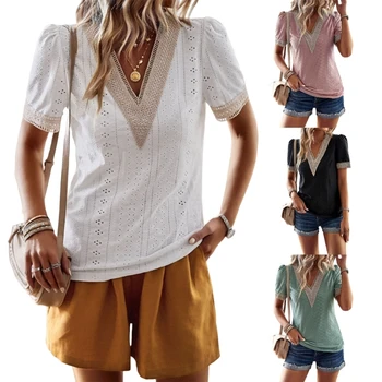 Женские футболки с цветными блоками с коротким рукавом, гипюровые кружевные блузки с V-образным вырезом и вырезами