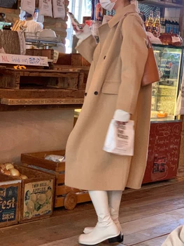 Зимнее женское двубортное длинное пальто из шерсти и смесей 2022 года, Двустороннее Кашемировое пальто, Новый теплый карман, Свободная модная роскошная уличная одежда