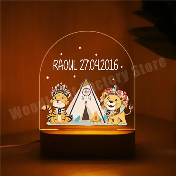 Индивидуальный Светодиодный ночник при рождении ребенка в индийском стиле Бохо, Лев, Тигр, Слон, лампа для детской спальни, декор стола с теплой / RGB основой