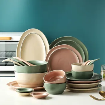 Керамическая посуда в Скандинавском стиле, Тарелки-ложки, Креативный Набор, Миска для супа, Комбинированная посуда для дома