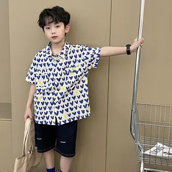 Корейская модная рубашка для больших мальчиков, Новые классические Детские рубашки с короткими рукавами и принтом, Детская хлопчатобумажная одежда, блузки для маленьких мальчиков и девочек, топы