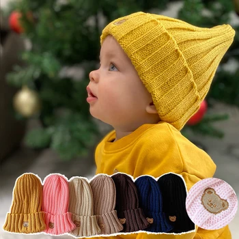 Корейская новая Детская шапка с вышивкой Мультяшного Медведя, мягкая теплая Детская шапка для мальчиков и девочек, Зимняя вязаная Детская шапка-бини, Капот gorras