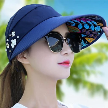Летние шляпы для женщин, складная солнцезащитная шляпа, козырек с жемчужным цветком, солнцезащитная кепка, женская повседневная бейсболка для женщин на открытом воздухе