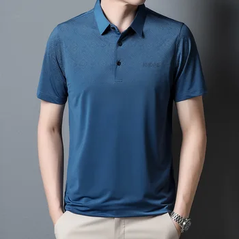 Летняя новая мужская футболка с лацканами и коротким рукавом в деловом стиле, повседневная рубашка поло из шелка льда