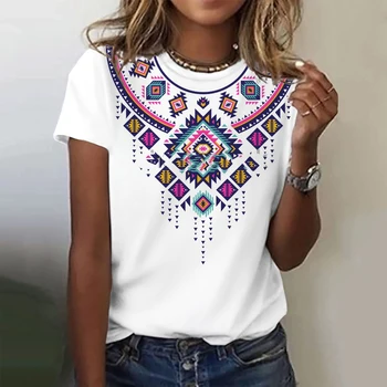 Летняя футболка с этническим рисунком и круглым вырезом, повседневная уличная одежда с коротким рукавом, сексуальный женский топ в этническом стиле, мода № 1