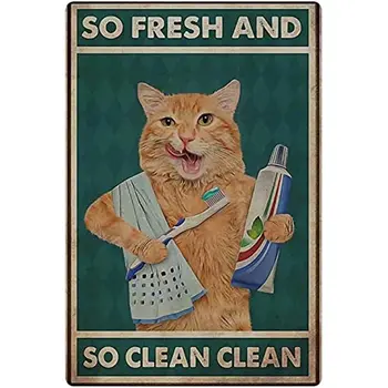 Металлическая жестяная вывеска с котом Свежий и забавный плакат с изображением Кошки, чистящей зубы и умывающейся, Художественное украшение стен в домашней ванной комнате гостиной
