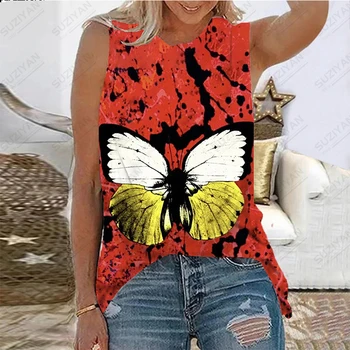 Модная женская футболка свободного кроя с 3D-принтом, повседневная женская майка без рукавов с большим летним цветком и бабочкой