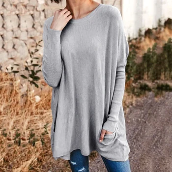 Модная осенняя Свободная футболка с круглым вырезом и карманами Оверсайз для дам, универсальные пуловеры с длинным рукавом, Топы, Зимняя женская футболка