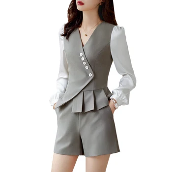Модный женский жилет, серый женский комплект из шорт и топов из 2 предметов, рабочая одежда, Офисная униформа. Стили