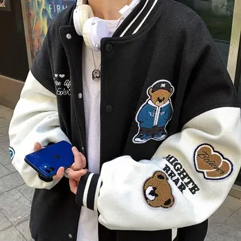 Мужская куртка в американском стиле Ретро, японская уличная одежда с вышивкой Медведя Soild, Свободная Повседневная спортивная бейсбольная форма, Опрятное пальто в стиле хип-хоп