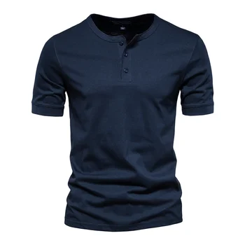 Мужская повседневная футболка с воротником из 100% хлопка, Высококачественные летние Мужские футболки с коротким рукавом, Модная базовая футболка для мужчин