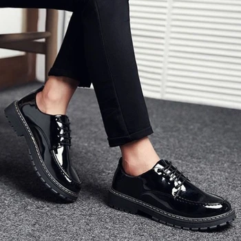 Мужские Классические Кожаные туфли В Британском стиле С круглым носком На шнуровке, Глянцевые Черные Лоферы, Повседневная Рабочая обувь Zapatos Hombre De Vestir