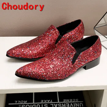 Мужские кожаные модельные туфли Choudory, красные свадебные бархатные лоферы, тапочки, мужские туфли на скрытом каблуке, заостренные слипоны sapato social