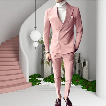 Мужские костюмы Pink Fashion Sunshine, двубортные, 2 предмета (куртка + брюки) Приталенный комплект с высоким воротником для свадебных смокингов
