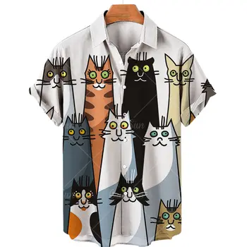 Мужские рубашки, топы с принтом животного Кота, графические футболки, Модная рубашка в стиле харадзюку с коротким рукавом, Повседневная пляжная рубашка унисекс, одежда оверсайз