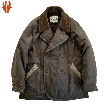 Мужское пальто с масляным воском, двубортное, толстое, теплое, водонепроницаемое, осень-зима, военная мотоциклетная куртка-бушлат, Винтажная одежда