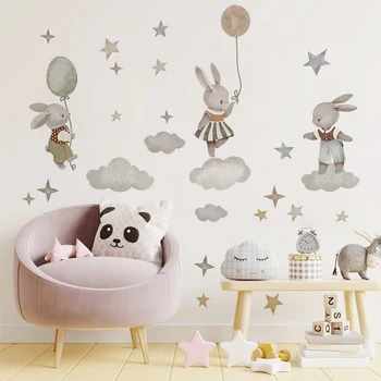 Наклейки на стену с мультяшным кроликом, Луной и звездами, животными, Кроликом в скандинавском стиле бохо, наклейкой на воздушном шаре, обоями для украшения детской комнаты