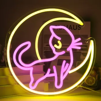 Неоновая вывеска Moon Cat с питанием от USB для декора комнаты, светодиодный неоновый свет, ночник с регулируемой яркостью для детской комнаты, настенное искусство, подарок на день рождения